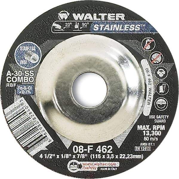 WALTER Surface Technologies - 30 Grit, 4-1/2" Wheel Diam, 1/8" Wheel Thickness, 7/8" Arbor Hole, Type 27 Depressed Center Wheel - Aluminum Oxide, Resinoid Bond, 13,300 Max RPM - Industrial Tool & Supply