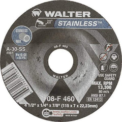 WALTER Surface Technologies - 30 Grit, 4-1/2" Wheel Diam, 1/4" Wheel Thickness, 7/8" Arbor Hole, Type 27 Depressed Center Wheel - Aluminum Oxide, Resinoid Bond, 13,300 Max RPM - Industrial Tool & Supply