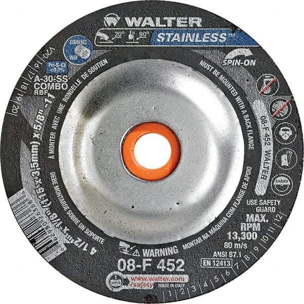 WALTER Surface Technologies - 30 Grit, 4-1/2" Wheel Diam, 1/8" Wheel Thickness, Type 27 Depressed Center Wheel - Aluminum Oxide, Resinoid Bond, 13,300 Max RPM - Industrial Tool & Supply