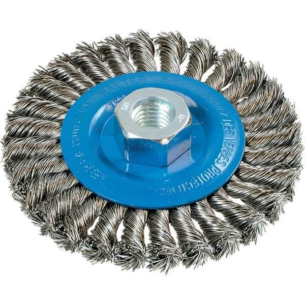 WALTER Surface Technologies - 4-1/2" OD, 5/8-11 Arbor Hole, Knotted Stainless Steel Wheel Brush - 3/8" Face Width, 0.02" Filament Diam, 15,000 RPM - Industrial Tool & Supply