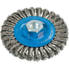 WALTER Surface Technologies - 4-1/2" OD, 5/8-11 Arbor Hole, Knotted Stainless Steel Wheel Brush - 3/8" Face Width, 0.02" Filament Diam, 15,000 RPM - Industrial Tool & Supply
