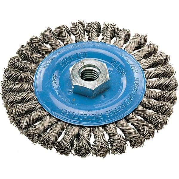 WALTER Surface Technologies - 5" OD, 5/8-11 Arbor Hole, Knotted Stainless Steel Wheel Brush - 3/8" Face Width, 0.02" Filament Diam, 15,000 RPM - Industrial Tool & Supply
