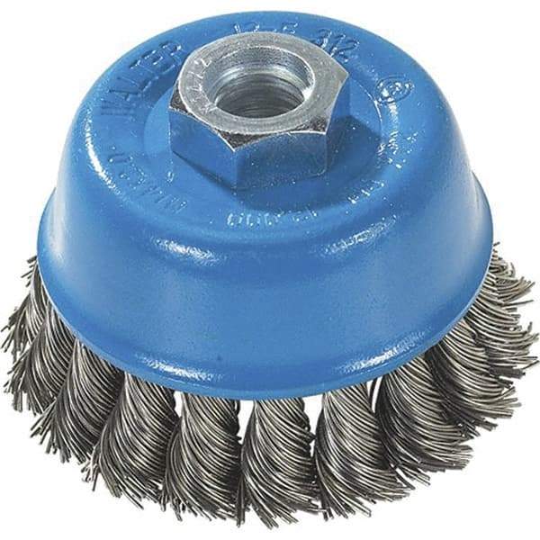 WALTER Surface Technologies - 3" Diam, M10x1.25 Threaded Arbor, Stainless Steel Fill Cup Brush - 0.015 Wire Diam, 12,000 Max RPM - Industrial Tool & Supply