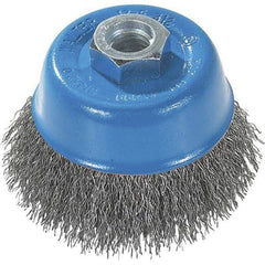 WALTER Surface Technologies - 5" Diam, 5/8-11 Threaded Arbor, Stainless Steel Fill Cup Brush - 0.02 Wire Diam, 8,600 Max RPM - Industrial Tool & Supply