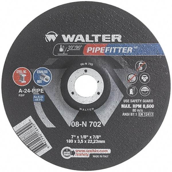 WALTER Surface Technologies - 24 Grit, 7" Wheel Diam, 1/8" Wheel Thickness, 7/8" Arbor Hole, Type 27 Depressed Center Wheel - Aluminum Oxide/Silicon Carbide Blend, Resinoid Bond, 8,600 Max RPM, Compatible with Angle Grinder - Industrial Tool & Supply