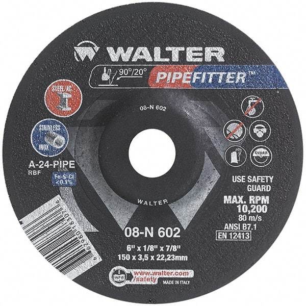 WALTER Surface Technologies - 24 Grit, 6" Wheel Diam, 1/8" Wheel Thickness, 7/8" Arbor Hole, Type 27 Depressed Center Wheel - Aluminum Oxide/Silicon Carbide Blend, Resinoid Bond, 10,200 Max RPM, Compatible with Angle Grinder - Industrial Tool & Supply