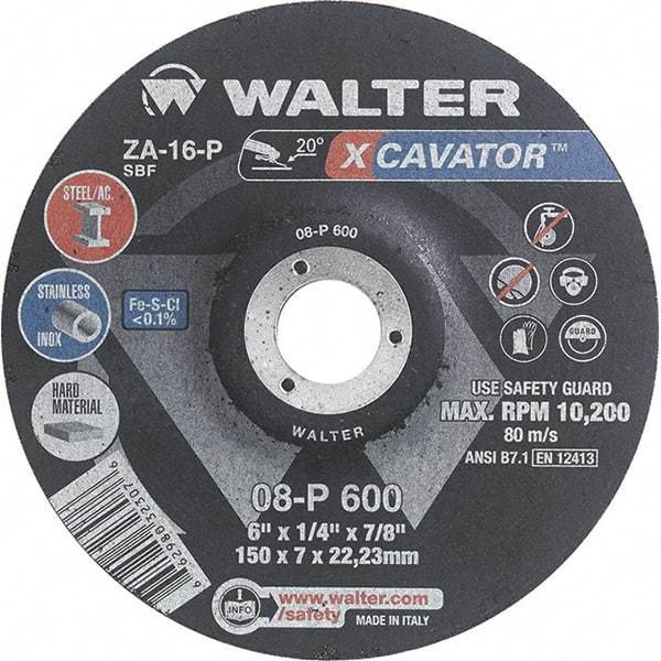 WALTER Surface Technologies - 16 Grit, 6" Wheel Diam, 1/4" Wheel Thickness, 7/8" Arbor Hole, Type 27 Depressed Center Wheel - Aluminum Oxide, Resinoid Bond, 10,200 Max RPM - Industrial Tool & Supply