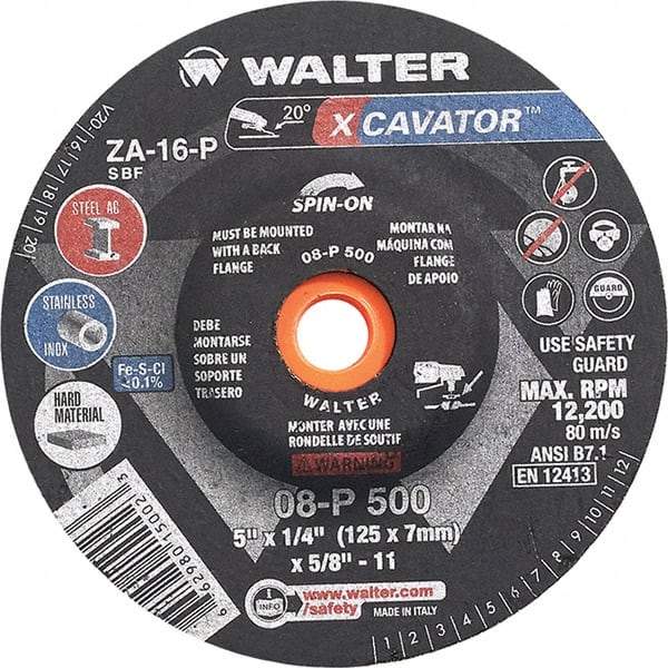 WALTER Surface Technologies - 16 Grit, 5" Wheel Diam, 1/4" Wheel Thickness, Type 27 Depressed Center Wheel - Aluminum Oxide, Resinoid Bond, 12,200 Max RPM - Industrial Tool & Supply