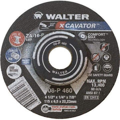 WALTER Surface Technologies - 16 Grit, 4-1/2" Wheel Diam, 1/4" Wheel Thickness, 7/8" Arbor Hole, Type 27 Depressed Center Wheel - Aluminum Oxide, Resinoid Bond, 13,300 Max RPM - Industrial Tool & Supply