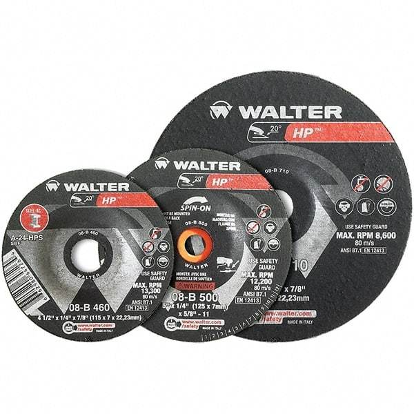 WALTER Surface Technologies - 24 Grit, 9" Wheel Diam, 1/4" Wheel Thickness, Type 28 Depressed Center Wheel - Aluminum Oxide, Resinoid Bond, 6,600 Max RPM - Industrial Tool & Supply