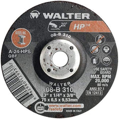 WALTER Surface Technologies - 24 Grit, 3" Wheel Diam, 1/4" Wheel Thickness, 3/8" Arbor Hole, Type 27 Depressed Center Wheel - Aluminum Oxide, Resinoid Bond, 20,000 Max RPM - Industrial Tool & Supply