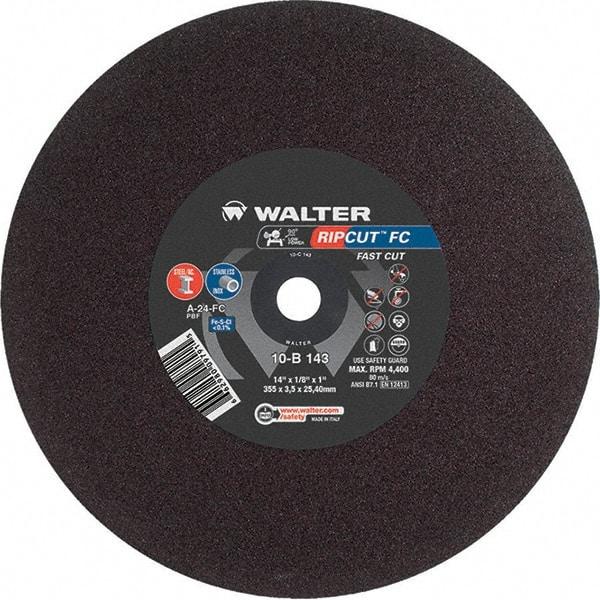 WALTER Surface Technologies - 14" 24 Grit Aluminum Oxide Cutoff Wheel - 1/8" Thick, 1" Arbor, 4,400 Max RPM, Use with Stationary Tools - Industrial Tool & Supply