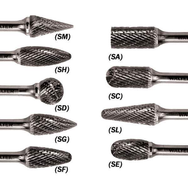 WALTER Surface Technologies - 3/8" Cut Diam, 1/4" Shank Diam, Taper Head Double Cut Burr - Carbide, 3/4" LOC - Industrial Tool & Supply