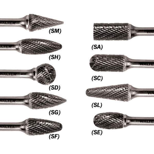 WALTER Surface Technologies - 1/2" Cut Diam, 1/4" Shank Diam, Taper Head Double Cut Burr - Carbide, 1" LOC - Industrial Tool & Supply