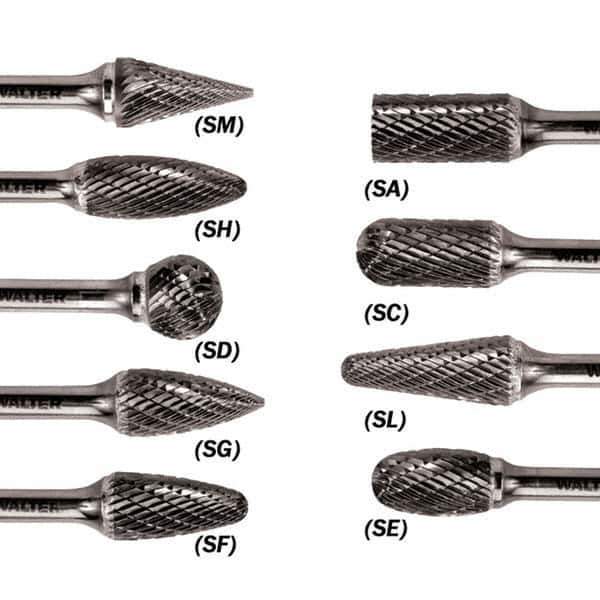 WALTER Surface Technologies - 1/2" Cut Diam, 1/4" Shank Diam, Ball Head Double Cut Burr - Carbide, 7/16" LOC - Industrial Tool & Supply