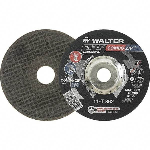 WALTER Surface Technologies - 60 Grit, 6" Wheel Diam, 5/64" Wheel Thickness, 7/8" Arbor Hole, Type 27 Depressed Center Wheel - 10,200 Max RPM - Industrial Tool & Supply