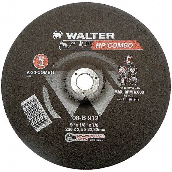 WALTER Surface Technologies - 30 Grit, 9" Wheel Diam, 1/8" Wheel Thickness, 7/8" Arbor Hole, Type 27 Depressed Center Wheel - Aluminum Oxide, Resinoid Bond, 6,600 Max RPM - Industrial Tool & Supply