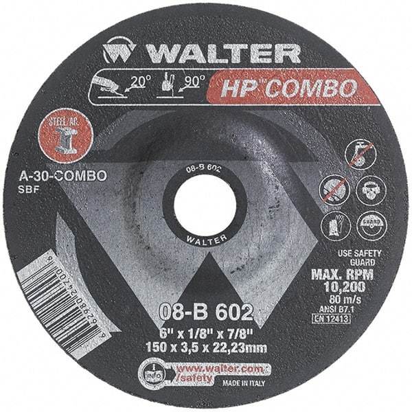 WALTER Surface Technologies - 30 Grit, 6" Wheel Diam, 1/8" Wheel Thickness, 7/8" Arbor Hole, Type 27 Depressed Center Wheel - Aluminum Oxide, Resinoid Bond, 10,200 Max RPM - Industrial Tool & Supply