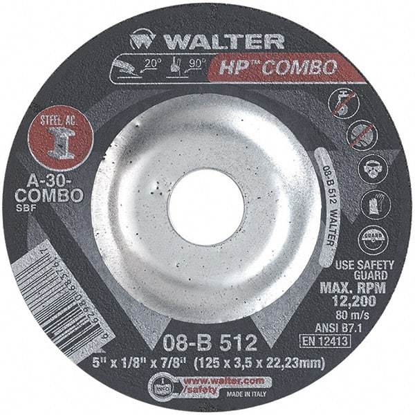 WALTER Surface Technologies - 30 Grit, 5" Wheel Diam, 1/8" Wheel Thickness, 7/8" Arbor Hole, Type 27 Depressed Center Wheel - Aluminum Oxide, Resinoid Bond, 12,200 Max RPM - Industrial Tool & Supply