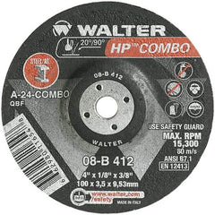 WALTER Surface Technologies - 24 Grit, 4" Wheel Diam, 1/8" Wheel Thickness, 3/8" Arbor Hole, Type 27 Depressed Center Wheel - Aluminum Oxide, Resinoid Bond, 15,000 Max RPM - Industrial Tool & Supply