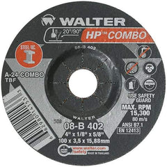 WALTER Surface Technologies - 24 Grit, 4" Wheel Diam, 1/8" Wheel Thickness, 5/8" Arbor Hole, Type 27 Depressed Center Wheel - Aluminum Oxide, Resinoid Bond, 15,000 Max RPM - Industrial Tool & Supply