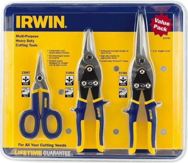 Irwin - 3 Piece Aviation Snip Set - Left, Right, Straight, 7, 10, 11-3/4" OAL, 1-5/16, 2, 3-1/8" LOC - Industrial Tool & Supply