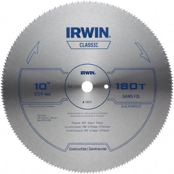 Irwin - 10" Diam, 5/8" Arbor Hole Diam, 180 Tooth Wet & Dry Cut Saw Blade - High Carbon Steel, Smooth Action, Standard Round Arbor - Industrial Tool & Supply