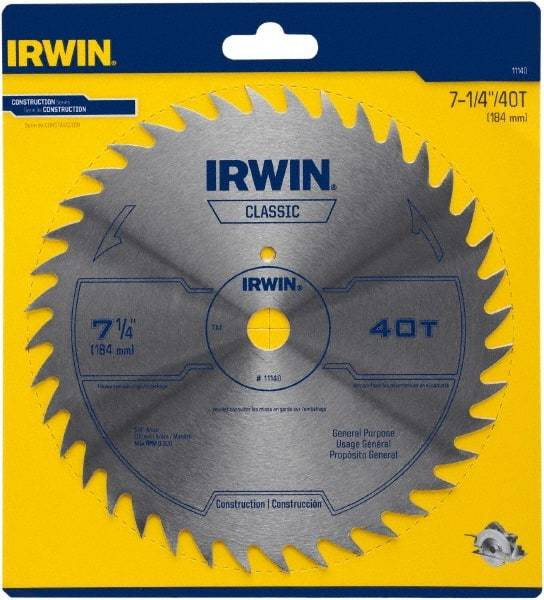Irwin Blades - 7-1/4" Diam, 5/8" Arbor Hole Diam, 40 Tooth Wet & Dry Cut Saw Blade - High Carbon Steel, Smooth Action, Diamond Arbor - Industrial Tool & Supply
