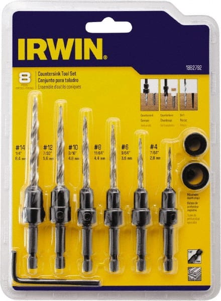 Irwin - 8 Piece, 1/4 to 1/2" Head Diam, Single End Countersink Set - Industrial Tool & Supply