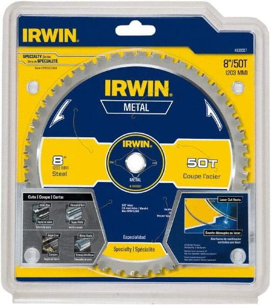 Irwin Blades - 8" Diam, 5/8" Arbor Hole Diam, 50 Tooth Wet & Dry Cut Saw Blade - Carbide-Tipped, Smooth Action, Standard Round Arbor - Industrial Tool & Supply