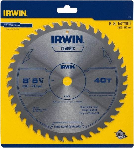 Irwin Blades - 8-1/4" Diam, 5/8" Arbor Hole Diam, 40 Tooth Wet & Dry Cut Saw Blade - Carbide-Tipped, Smooth Action, Diamond Arbor - Industrial Tool & Supply