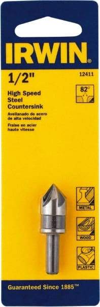 Irwin - 1/2" Head Diam, 1/4" Shank Diam, 5 Flute 82° High Speed Steel Countersink - Oxide Finish, 1-21/32" OAL, Single End, Straight Shank, Right Hand Cut - Industrial Tool & Supply