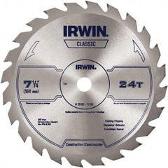 Irwin Blades - 7-1/4" Diam, 5/8" Arbor Hole Diam, 24 Tooth Wet & Dry Cut Saw Blade - Carbide-Tipped, Smooth Action, Diamond Arbor - Industrial Tool & Supply