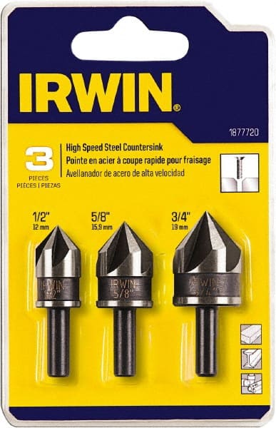 Irwin - 3 Piece, 1/2 to 3/4" Head Diam, 82° Included Angle, Single End Countersink Set - Industrial Tool & Supply