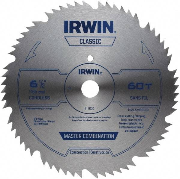 Irwin - 6-1/2" Diam, 5/8" Arbor Hole Diam, 60 Tooth Wet & Dry Cut Saw Blade - High Carbon Steel, Smooth Action, Standard Round Arbor - Industrial Tool & Supply