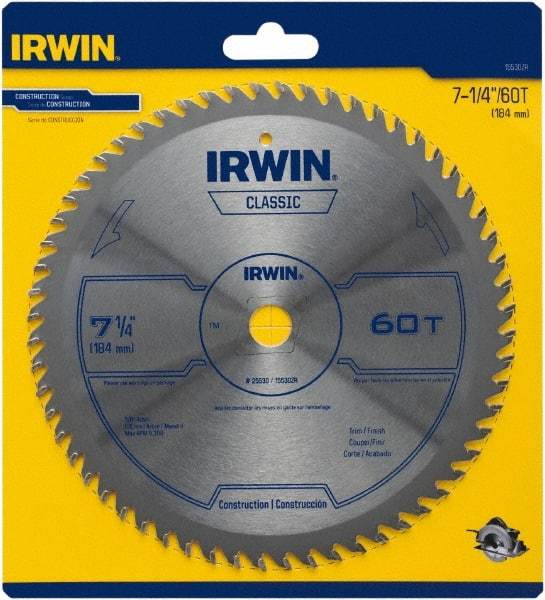 Irwin Blades - 7-1/4" Diam, 5/8" Arbor Hole Diam, 60 Tooth Wet & Dry Cut Saw Blade - Carbide-Tipped, Smooth Action, Diamond Arbor - Industrial Tool & Supply