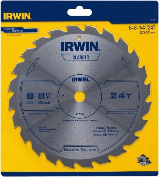 Irwin Blades - 8-1/4" Diam, 5/8" Arbor Hole Diam, 24 Tooth Wet & Dry Cut Saw Blade - Carbide-Tipped, Smooth Action, Diamond Arbor - Industrial Tool & Supply