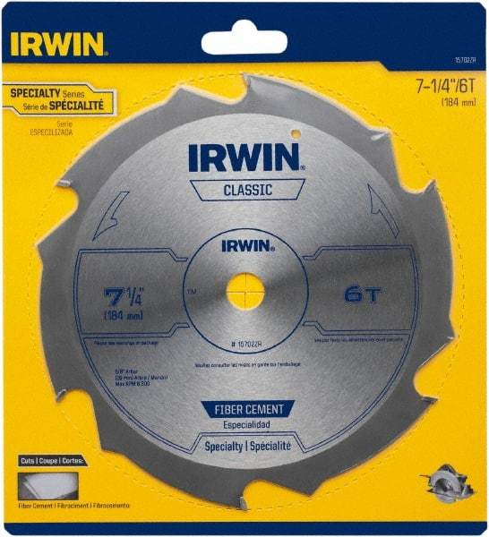 Irwin Blades - 7-1/4" Diam, 5/8" Arbor Hole Diam, 6 Tooth Wet & Dry Cut Saw Blade - Diamond-Tipped, Smooth Action, Diamond Arbor - Industrial Tool & Supply