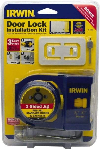 Irwin Blades - 7 Piece, 2-3/8" to 2-3/4" Saw Diam, Door-Lock Installation Hole Saw Kit - Bi-Metal, Includes 2 Hole Saws - Industrial Tool & Supply
