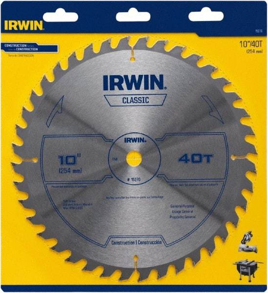 Irwin Blades - 10" Diam, 5/8" Arbor Hole Diam, 40 Tooth Wet & Dry Cut Saw Blade - Carbide-Tipped, Smooth Action, Diamond Arbor - Industrial Tool & Supply