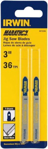 Irwin Blades - 3" Long x 0.039" Thick x 0.295" Wide, 36 Teeth per Inch, Bi-Metal Jig Saw Blade - Toothed Edge, T-Shank, Mill Tooth Set - Industrial Tool & Supply