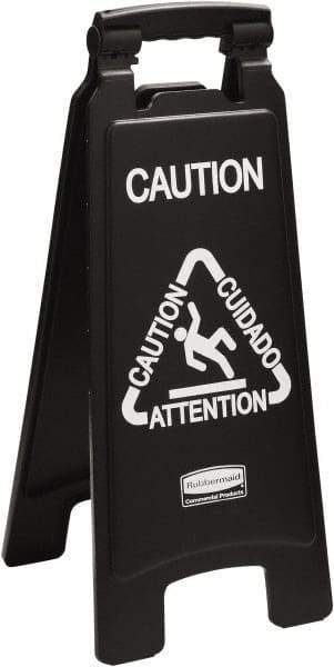 Rubbermaid - Attention/Caution/Cuidado, 11" Wide x 25" High, Polypropylene Floor Sign - English/French/Spanish, A-Frame, White on Black, For Accident Prevention - Industrial Tool & Supply