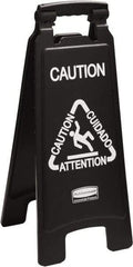 Rubbermaid - Attention/Caution/Cuidado, 11" Wide x 25" High, Polypropylene Floor Sign - English/French/Spanish, A-Frame, White on Black, For Accident Prevention - Industrial Tool & Supply