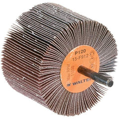 WALTER Surface Technologies - 3" Diam x 2" Face Width, Fine Aluminum Oxide Coated Mounted Flap Wheel - 1/4" Shank Mount, 120 Grit, Cloth Backing, 11,000 Max RPM - Industrial Tool & Supply