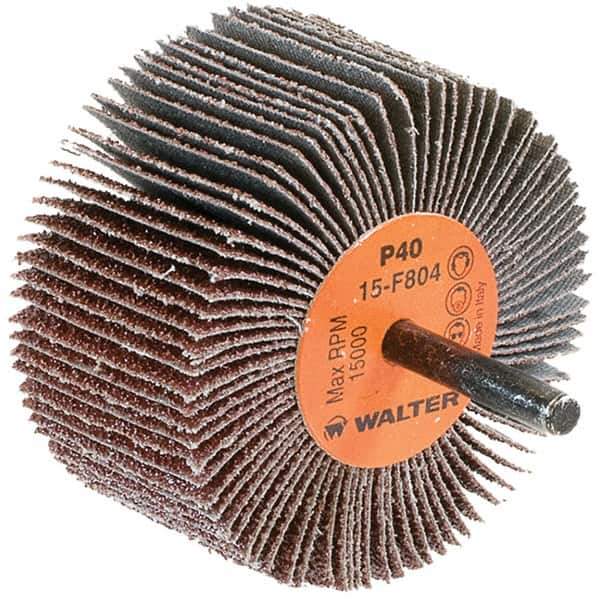 WALTER Surface Technologies - 3" Diam x 1-1/2" Face Width, Coarse Aluminum Oxide Coated Mounted Flap Wheel - 1/4" Shank Mount, 40 Grit, Cloth Backing, 15,000 Max RPM - Industrial Tool & Supply