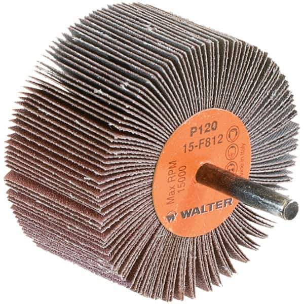 WALTER Surface Technologies - 3" Diam x 1-1/2" Face Width, Fine Aluminum Oxide Coated Mounted Flap Wheel - 1/4" Shank Mount, 120 Grit, Cloth Backing, 15,000 Max RPM - Industrial Tool & Supply