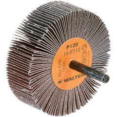 WALTER Surface Technologies - 3" Diam x 1" Face Width, Fine Aluminum Oxide Coated Mounted Flap Wheel - 1/4" Shank Mount, 120 Grit, Cloth Backing, 15,000 Max RPM - Industrial Tool & Supply