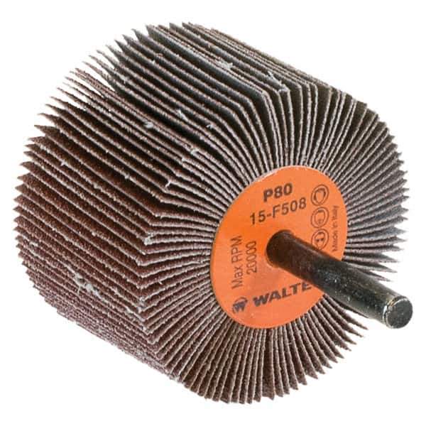WALTER Surface Technologies - 2-1/2" Diam x 1-1/2" Face Width, Medium Aluminum Oxide Coated Mounted Flap Wheel - 1/4" Shank Mount, 80 Grit, Cloth Backing, 20,000 Max RPM - Industrial Tool & Supply