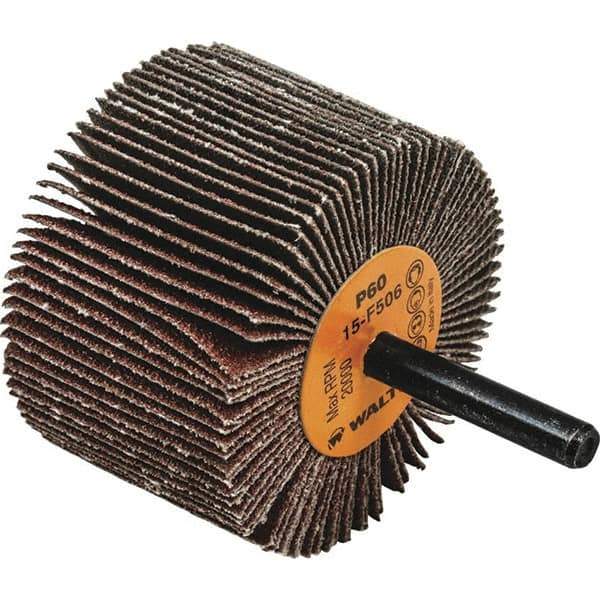 WALTER Surface Technologies - 2-1/2" Diam x 1-1/2" Face Width, Medium Aluminum Oxide Coated Mounted Flap Wheel - 1/4" Shank Mount, 60 Grit, Cloth Backing, 20,000 Max RPM - Industrial Tool & Supply
