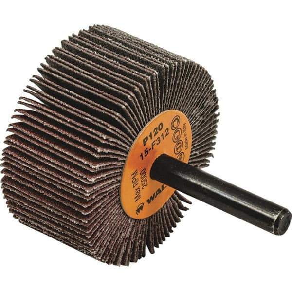 WALTER Surface Technologies - 2" Diam x 1" Face Width, Fine Aluminum Oxide Coated Mounted Flap Wheel - 1/4" Shank Mount, 120 Grit, Cloth Backing, 25,000 Max RPM - Industrial Tool & Supply